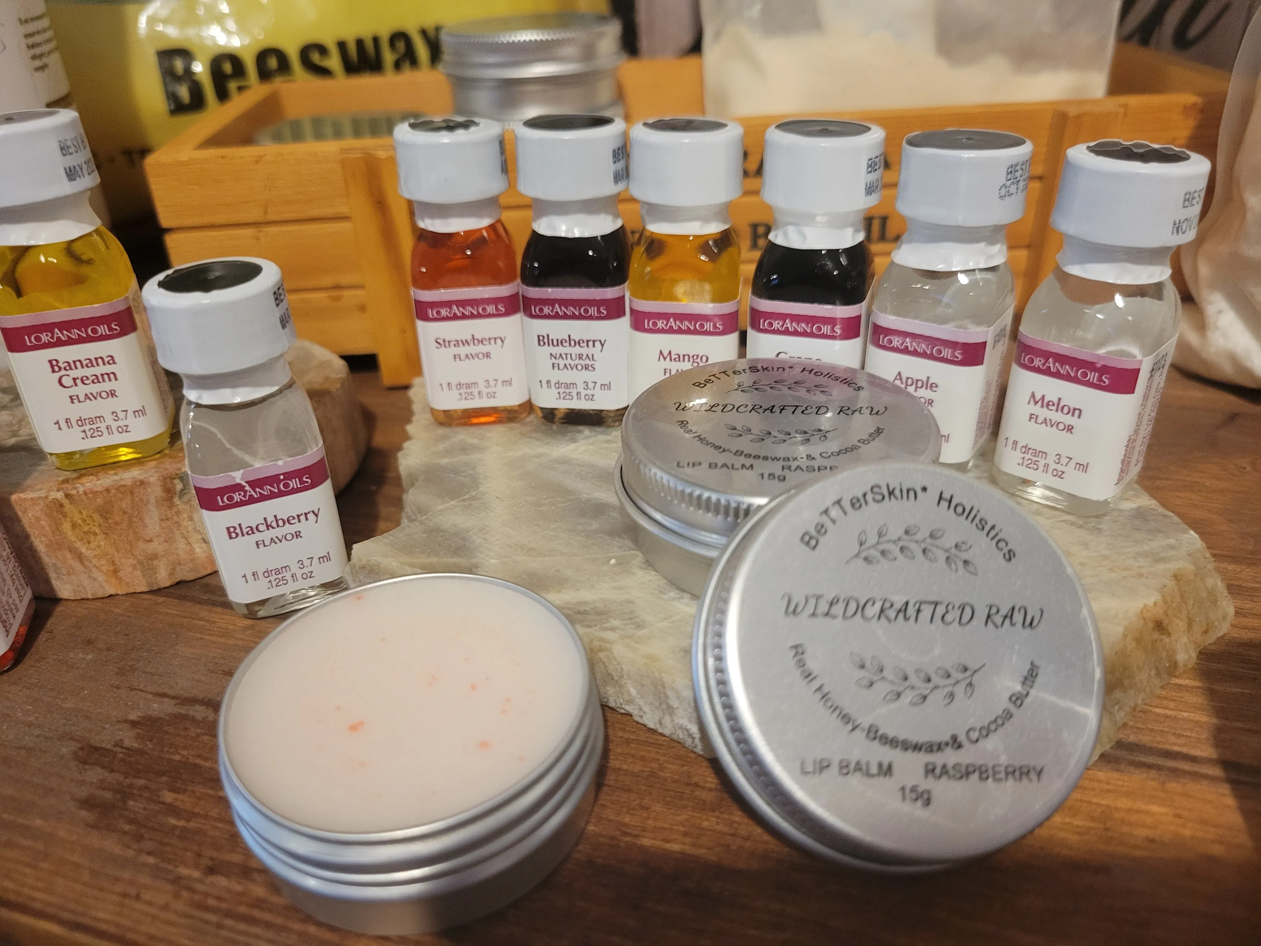 Delicious Wildcrafted RAW Infused Lip Balms Honey-Cocoa -Shea - Castor Oil- 12 Gourmet Lorann Baking Oil Flavors