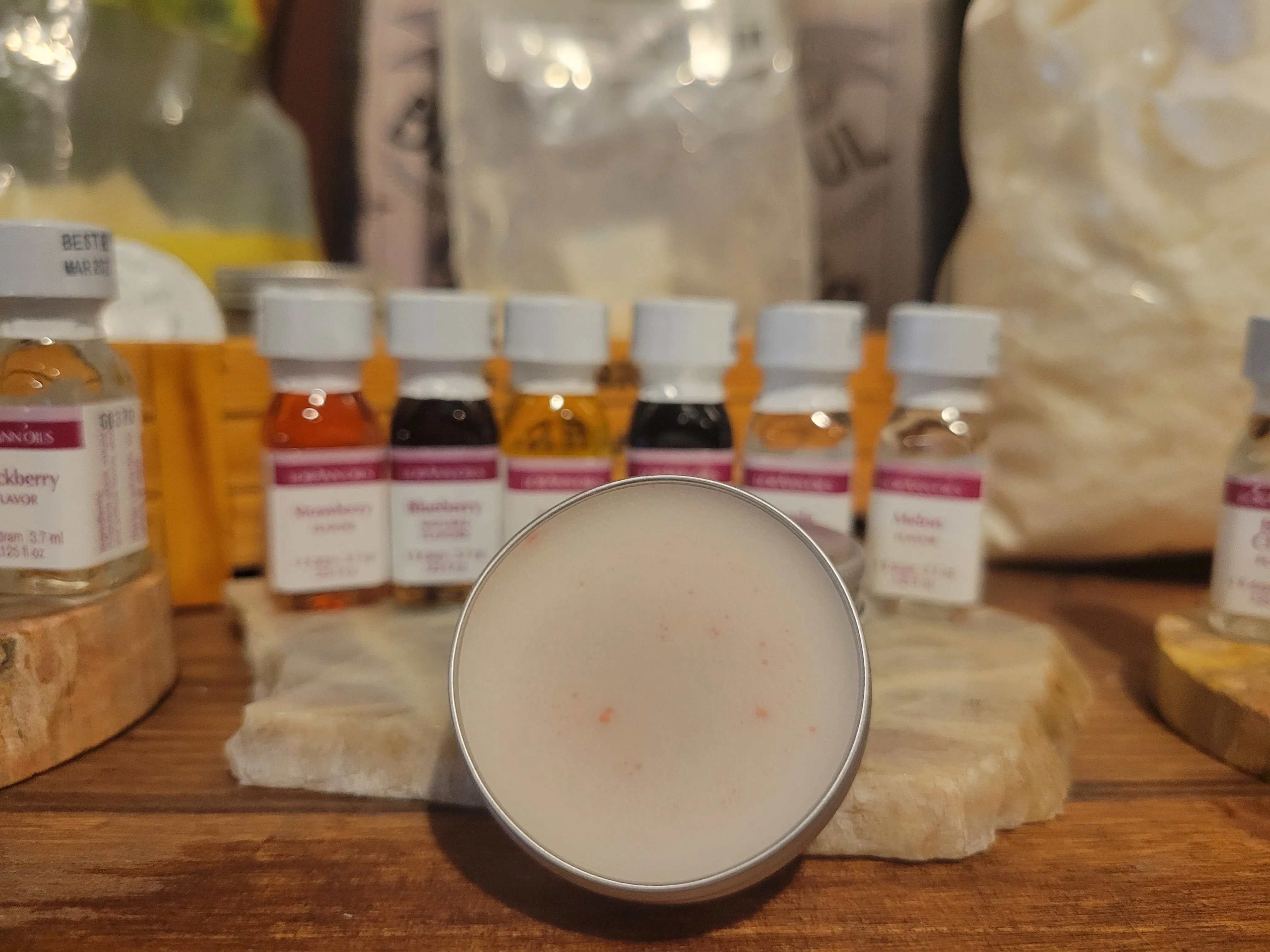 Delicious Wildcrafted RAW Infused Lip Balms Honey-Cocoa -Shea - Castor Oil- 12 Gourmet Lorann Baking Oil Flavors