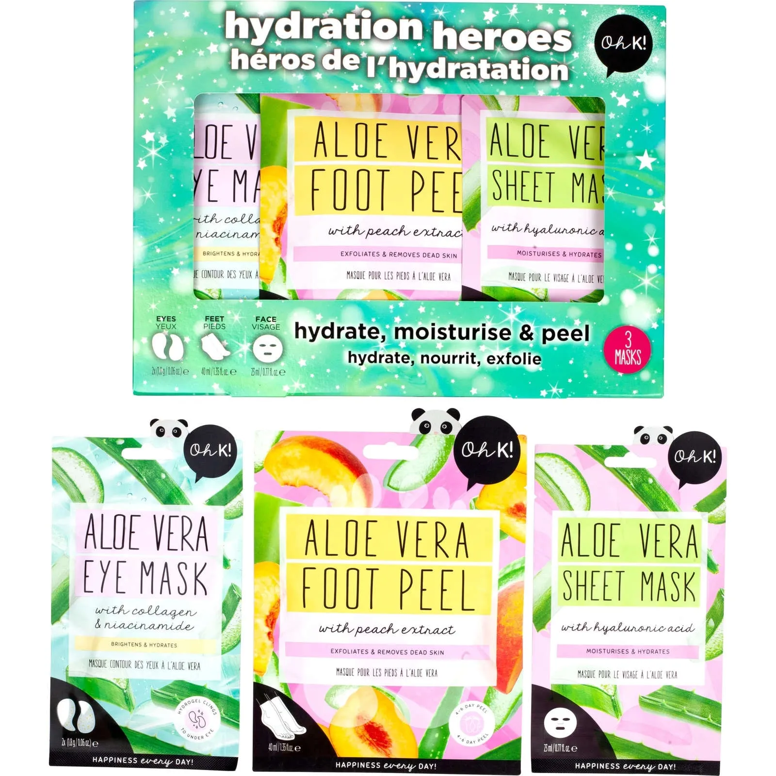 Oh K! Hydration Heroes Set – Aloe Vera Sheet, Eye, and Foot Masks for Ultimate Hydration & Exfoliation