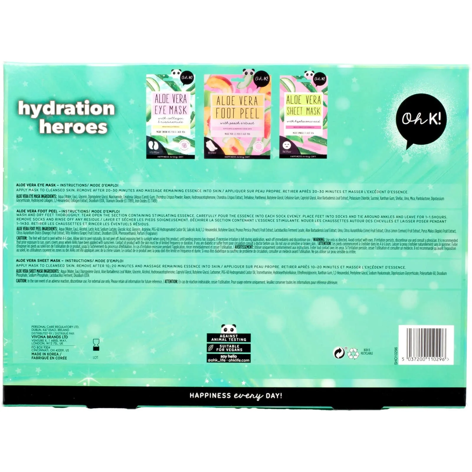 Oh K! Hydration Heroes Set – Aloe Vera Sheet, Eye, and Foot Masks for Ultimate Hydration & Exfoliation